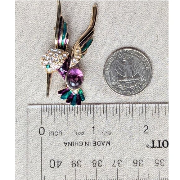 Vintage Signed LP Gold Tone Enamel Cabochon Rhinestones Hummingbird Brooch - Picture 8 of 9